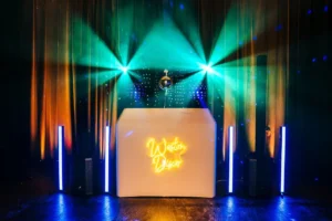 wedding style dj rig, mirror ball, over lights weston disco