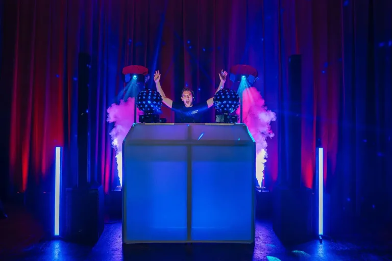 large DJ rig with blue purple light smoke DJ HAMEZ Smoke Jets